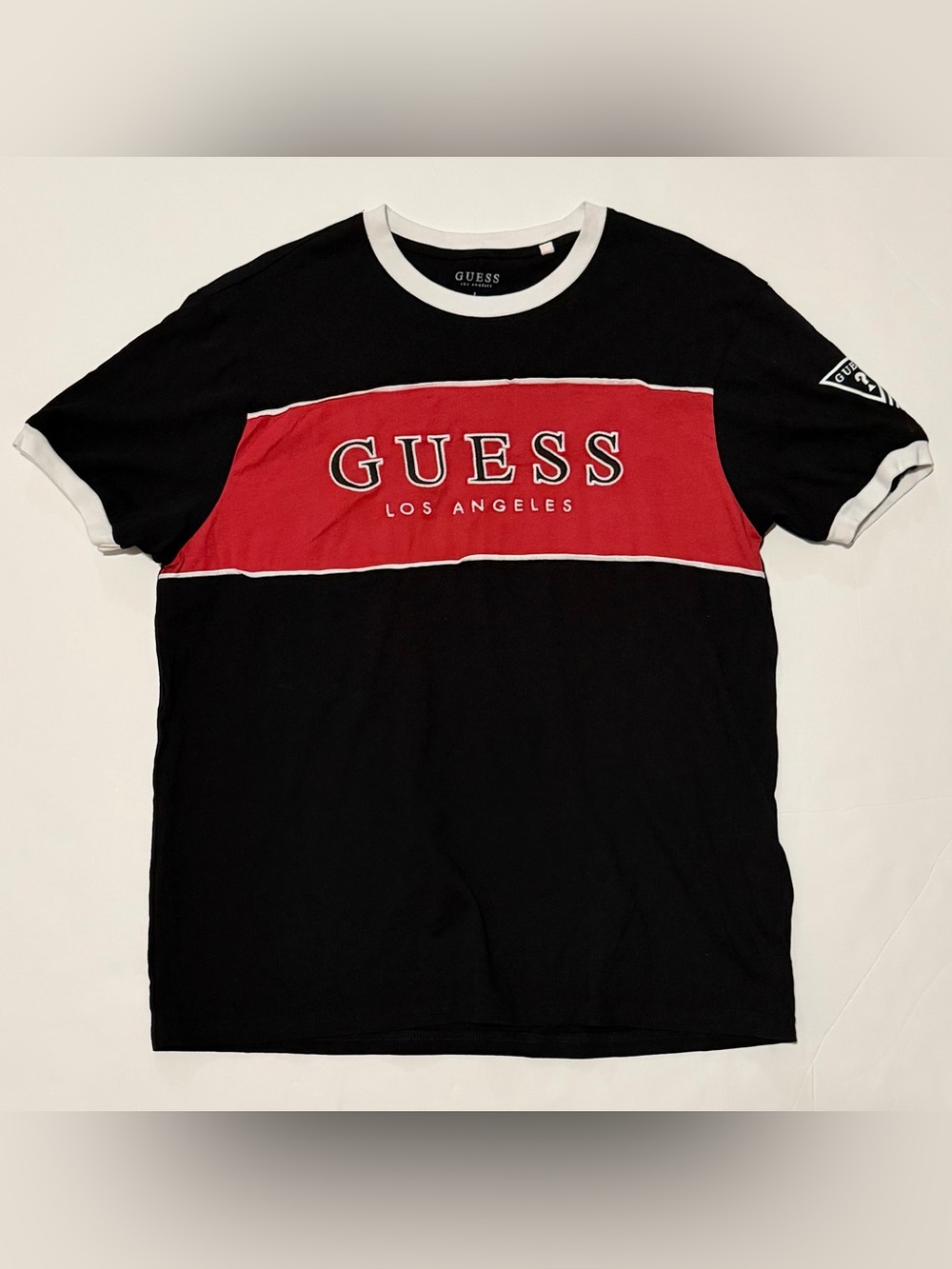Guess Women’s Black & Red Logo Crewneck T-Shirt with White Trim